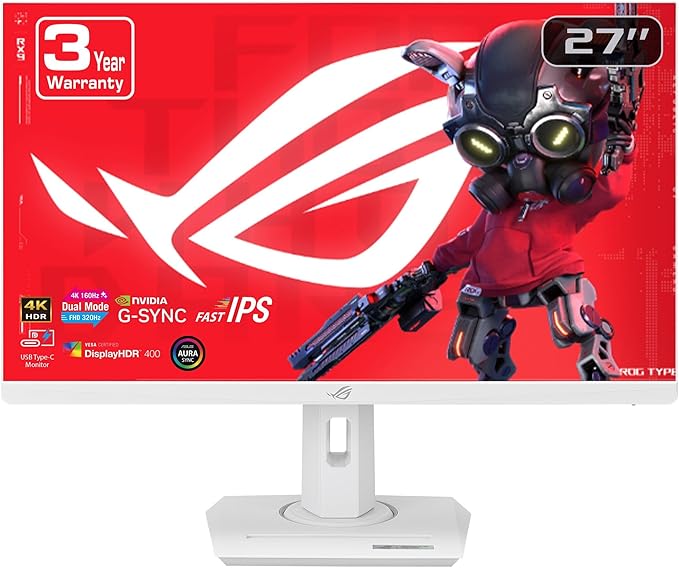 ASUS ROG Strix 27” 4K HDR USB-C Gaming Monitor (XG27UCG-W) – White UHD (3840x2160) Dual Mode (4K 160Hz or FHD 320Hz) 1ms Fast IPS ELMB Sync G-SYNC Compatible AI Gaming 3yr Warranty