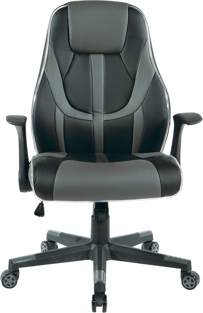 OSP Home Furnishings Output Mid-Back LED Lit Gaming Chair with Thick Padded Seat and Lumbar Support Black Faux Leather with Grey Trim and Accents