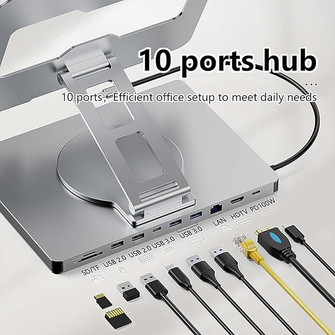 10 in 1 Laptop Docking Station Stand for MacBook Pro/Air/Surface/Dell/HP/Lenovo Mac Type-C Hub with 4K HDMI USB 3.0 SD/TF Card RJ45 PD 3.0 USB C Laptop Stand Hub with 360 Rotating Base (ST109A)