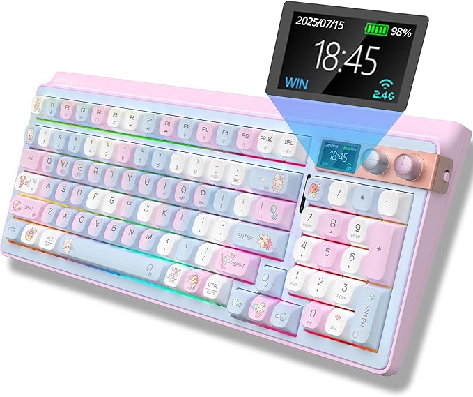 H98 Wireless Mechanical Keyboard96-Key Hot-Swappable Wired Gaming KeyboardTri-Mode Bluetooth 5.0 2.4G USB-C1.14 Color ScreenDouble Knob6000mAhRGBPBT Keycaps for PC Mac iPad-Pink