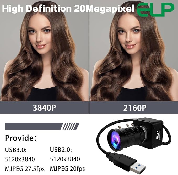 ELP Ultra HD 20MP Varifocal USB 3.0 Camera for Computer Manual Zoom 3840P USB3.0/2.0 Lightburn Cameras for Windows Linux Mac Pi 5-50mm 10X Variable Focus AR2020 High Speed 4K 30FPS Webcam for PC