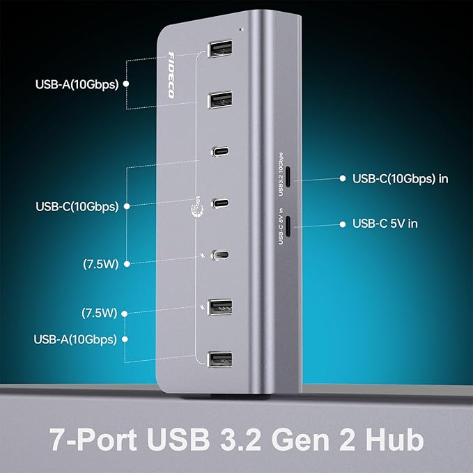 FIDECO Powered USB Hub 7 Port 10Gbps Fast Data Hub for iPhone 16/15 and Laptop Full Aluminum USB Splitter with 5V 3A Power Adapter 4 USB A and 3 USB C Ports Support BC1.2 Charging Grey
