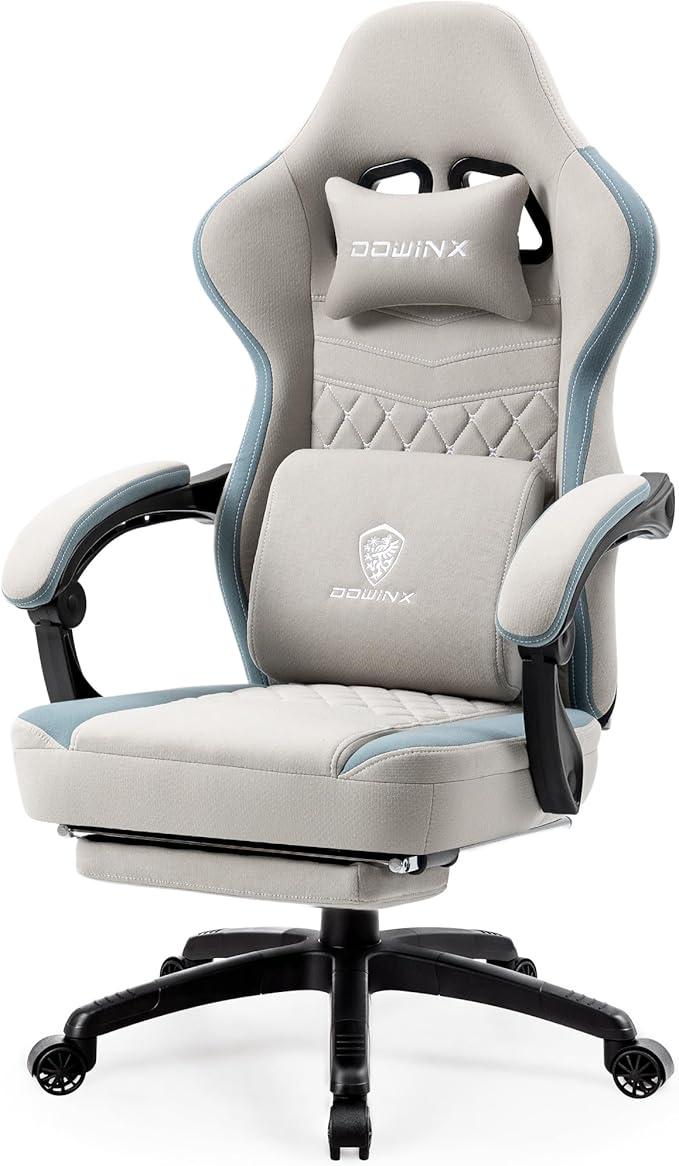 Dowinx Gaming Chair Breathable Fabric Game Chair with Gel Pad and Storage Bag Comfortable Gamer Chair with Pocket Spring CushionErgonomic Computer Chair with FootrestGrey