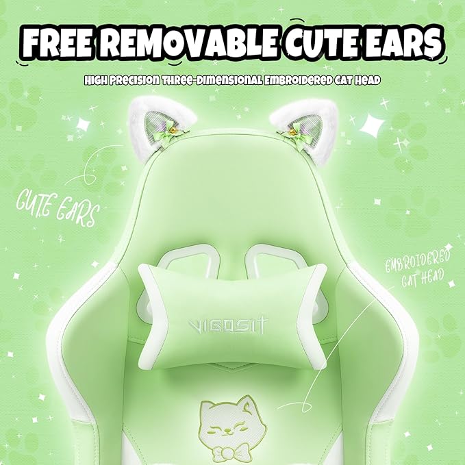 Cute Gaming Chair for Girl Ergonomic Cat Computer Chair with Armrests High Back Video Game Chairs with Footrest and Massage Lumbar Support for Teen &amp Woman Adjustable Height (Green)