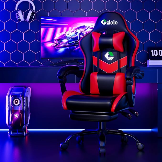Gaming Chair with Footrest Racing Style Lumbar Support Massager Video Game Chair with Metal Legs High Back Gamer Chair with Headrest 360° Swivel Office Computer Desk Chair Bright Red