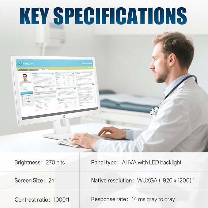 HP Healthcare Edition HC241P 24 Clinical Review Monitor Without Stand DICOM Calibration for Clinical Review and Accurate Diagnosis DisplayHDMI/DP/VGA/USB 2.0 Type-B to Type-A Cables