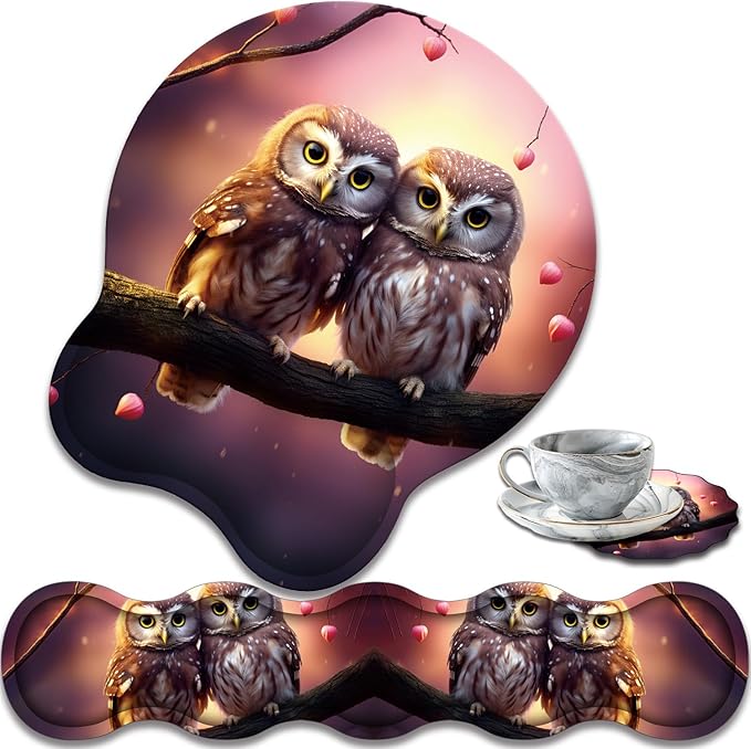 Ergonomic Keyboard Wrist Support Pad and Wrist Support Mouse Pad Anti-Slip with Gel Memory Mouse Pad Set Suitable for Office Use/Home Use - Cute Owls