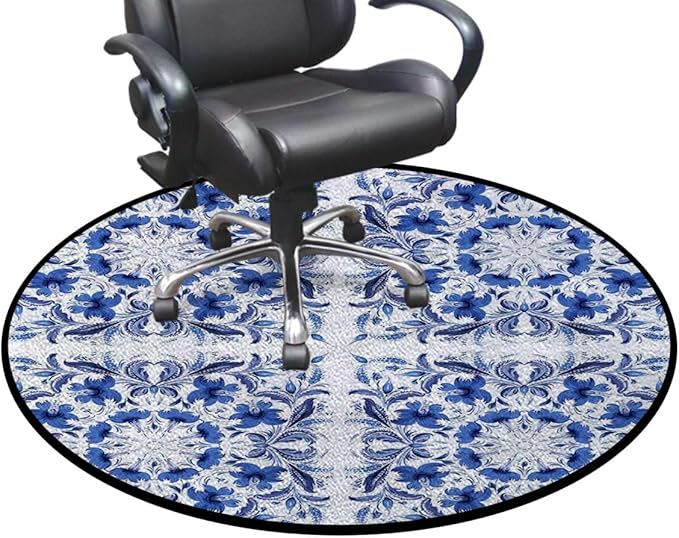 Blue Round Rug for Bedroom Circular Area Rug Washable Throw Rugs Non-Slip Soft Floor Mat for Living Room Sofa Porcelain Style Traditional Pattern Colors Diameter 43.3 in