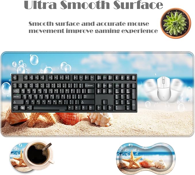 Ergonomic Keyboard Wrist Rest &amp Mouse Pad Wrist Rest SetXL Gaming Desk Mat 31.5x 11.8Non-Slip BaseMemory FoamEasy Typing Pain Relief for Office &amp HomeSeashells Starfish on Beach