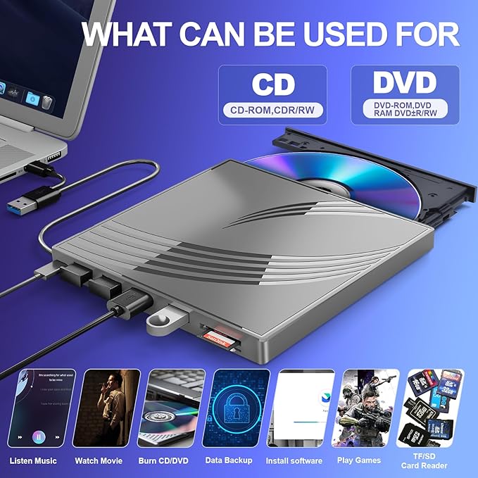 External CD/DVD Drive for Laptop Ultra Slim CD Burner USB 3.0 Hub with 4 USB Ports 2 TF/SD Card Slots 1 Type-C Port Laptop DVD Player with Case(Gray)