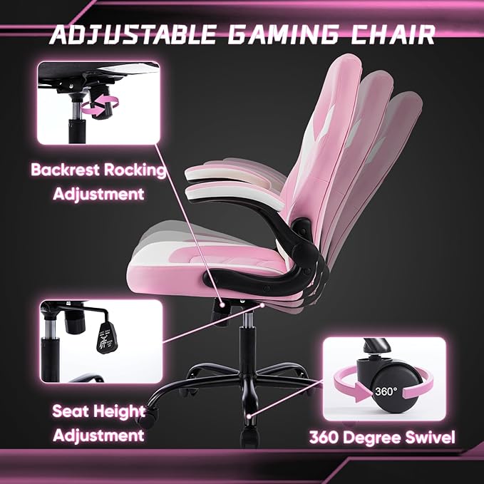 Gaming Chair PU Leather Computer Chair Ergonomic Office Chair with Lumbar Support Height Adjustable Rolling Desk Chairs with Flip up Armrests