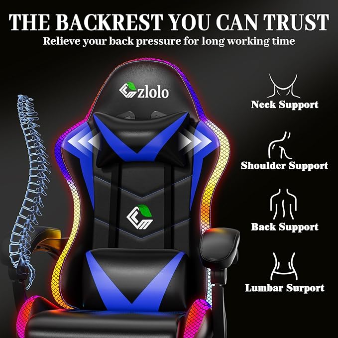 Gaming Chair Racing Style RGB LED Lights Gaming Chairs for Adults and Kids Lumbar Massager Gamer Chair High Back Reclining Computer Chair with Footrest and Headrest (Black/Blue)
