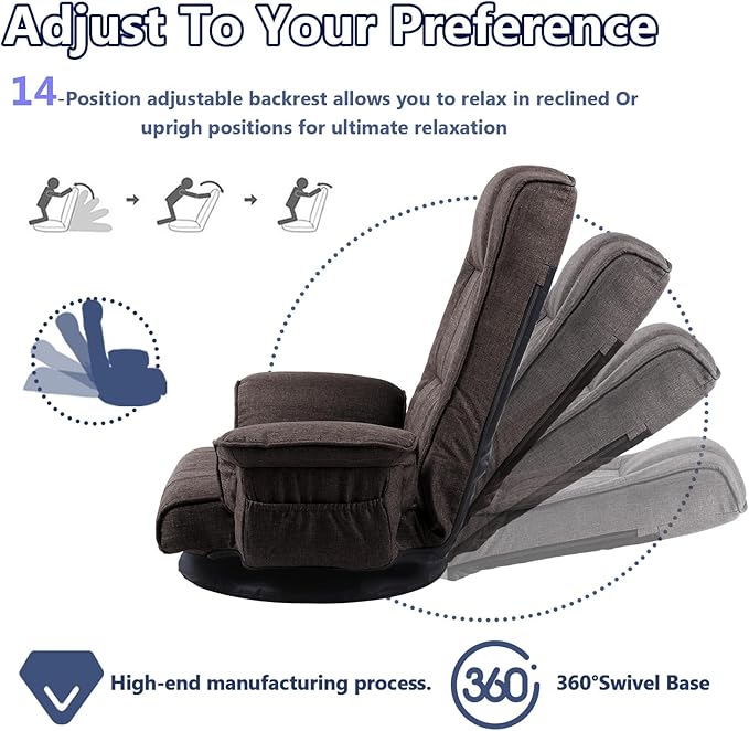 360 Degree Swivel Floor Chairs for Adults Gaming Floor Chair with Back Support 14 Angles Adjustable Comfortable Floor Lounge Chair Folding Video Game Chairs Office Bedroom 201 (Brown)
