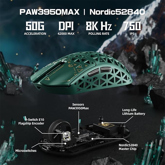 MAMBASNAKE M5 Ultra Carbon Fiber 8000Hz Wireless Gaming Mouse 39g Superlight 42000DPI PAW3950MAX Sensor Nordic 52840 Chip Bluetooth/2.4G/USB-C Wired Mice with Coiled Cable for PC/Mac (Green)