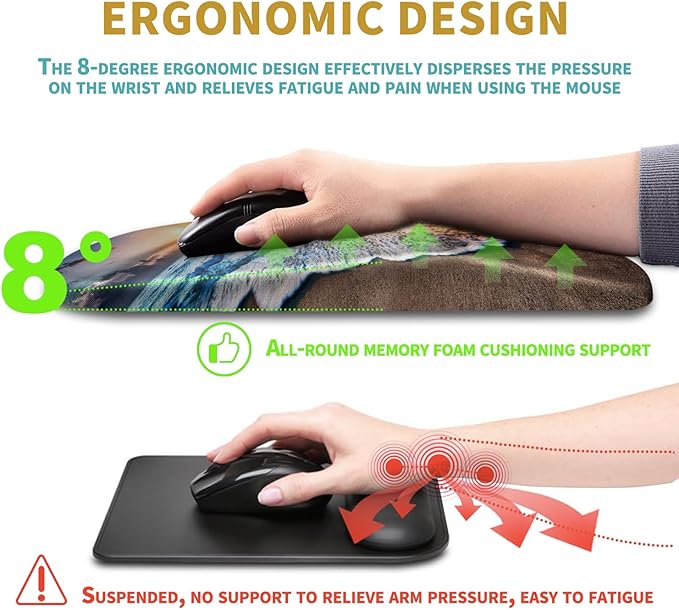 Hokafenle Ergonomic Mouse Pad Wrist Support with Massage Design Wrist Rest Pain Relief Mousepad with Memory Foam&ampNon-Slip PU Base Mouse Pads for Wireless Mouse &amp Desk (12x8 inchSunrise Beac