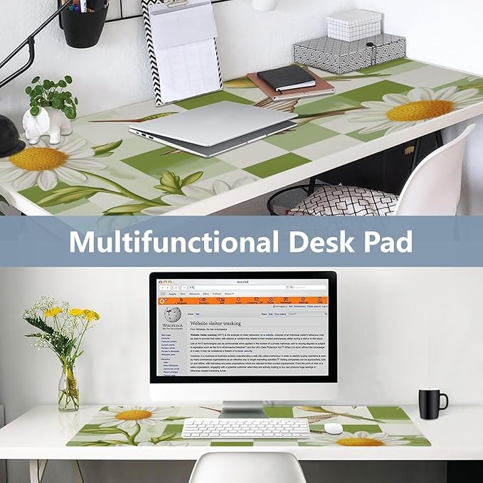 Mouse Pad Desk Mat Leather Desk Pad Large Gaming Desk Cover Protector Mat for Keyboard Computer Laptop Office Waterproof 47.2 x 23.6 Inch Checkered Green and White Hummingbirds Daisy
