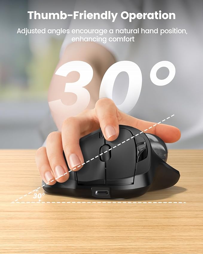 SABLUTE MAM2 Wireless Trackball Mouse with 5-Level DPI Ergonomic Mouse 2.4G Plug-and-Play for 3 Devices (Bluetooth or USB Receiver) 500mAh Battery Compatible with PC/Laptop/Mac/Windows-Grey Ball