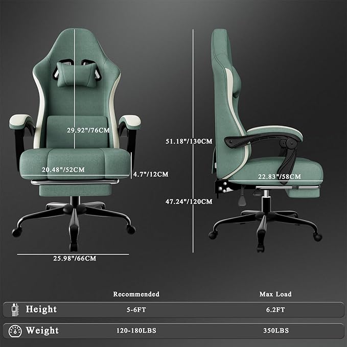 Gaming Chair High Back Fabric Computer Chair with Pocketed Spring Cushion and Footrest Height Adjustable Game Chair with Headrest and Lumbar Support