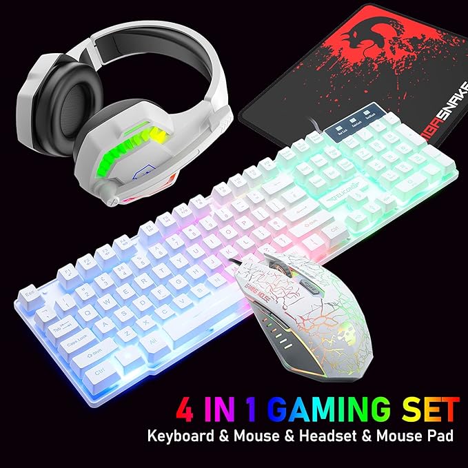 Wired Gaming Keyboard and Mouse Headset ComboRainbow LED Backlit Wired KeyboardOver Ear Headphone with MicRainbow Backlit Gaming MiceMouse Padfor PCLaptopMacPS4Xbox(White)