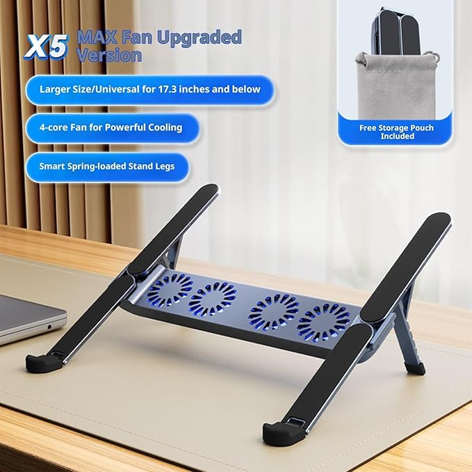 Foldable Laptop Cooling Pad with Quiet Fan and Adjustable Stand for 10-17inch Tablets Aluminum Alloy Design Foldable Computer Cooling Base