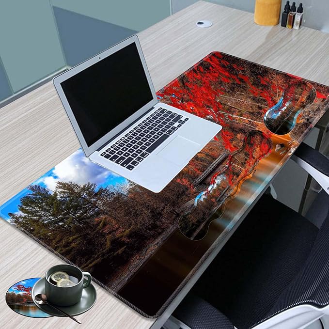 Gaming Mouse Pad Set Large Gaming Mouse Pad+Keyboard Wrist Rest+Mouse Wrist Rest+Coaster Easy Typing Pain Relief 31.5 × 11.8 inch Desk Mat for Home Office Red Maple Lake