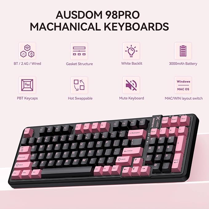 AUSDOM 98Pro Silent Wireless Mechanical Keyboard Tri-Mode BT/2.4G/USB-C Hot Swappable Custom Quiet Keyboard with Backlit Gasket Structure PBT KeycapsPre-lubed Tactile Switches(Black &amp Pink-Sil