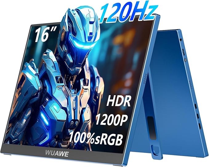 WUAWE 16 1200P 120Hz Portable Monitor for Laptop 100% sRGB Portable Laptop Monitor with Built-in Stand HDR and Freensync External USB C Monitor for Phone MacBook Laptop PC(Blue)