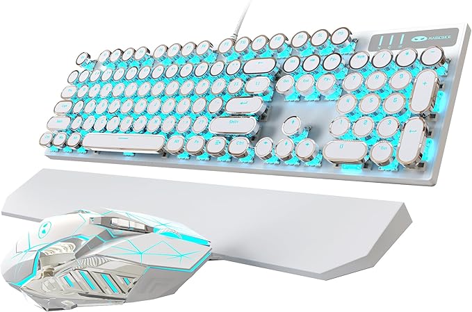 Typewriter Mechanical Gaming Keyboard and Mouse Combo Retro Punk Round Keycaps RGB Rainbow Backlit Wired Keyboard for Game and Office for Windows Laptop PC Red Switches(White)