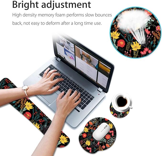 Keyboard Wrist Rest and Mouse Pad Wrist Support Set with CoasterErgonomic Mouse PadComfortable for Easy Typing Pain ReliefMemory Foam Keyboard Pad Set for Laptop MacBeautiful Floral