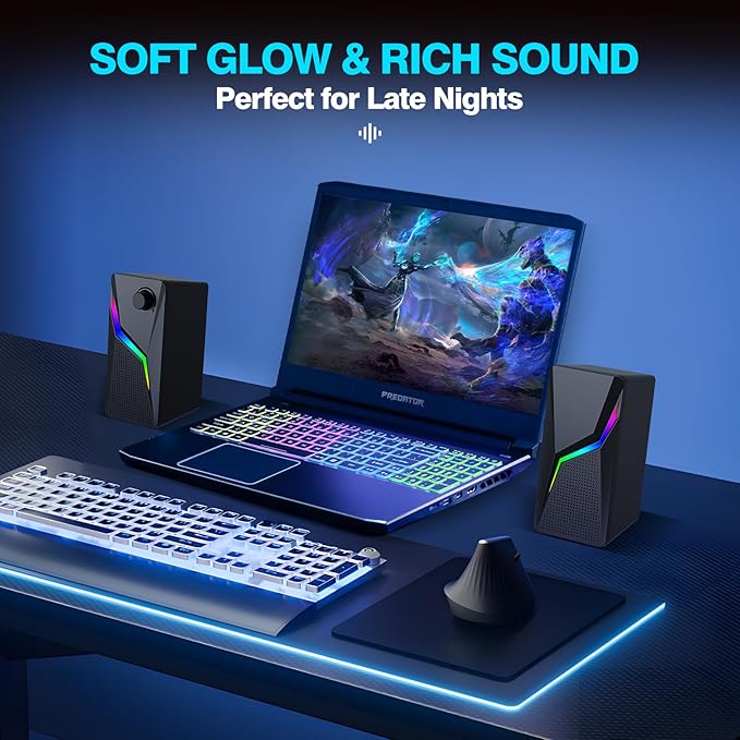 Computer Speakers PC Speakers for Desktop with 6 Lighting Modes PC Gaming Accessories Stereo Sound Desktop Computer Speakers with 2 Bass-Boost Ports USB Powered 3.5mm AUX Cable