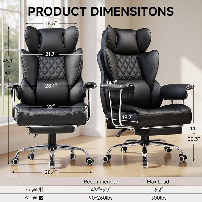 COMHOMA Big and Tall Office Chair High Back Leather Gaming Chair with Footrest Executive Ergonomic Office Chair with Pocket Spring Lumbar Support and with Outward Fixed Soft Armrests