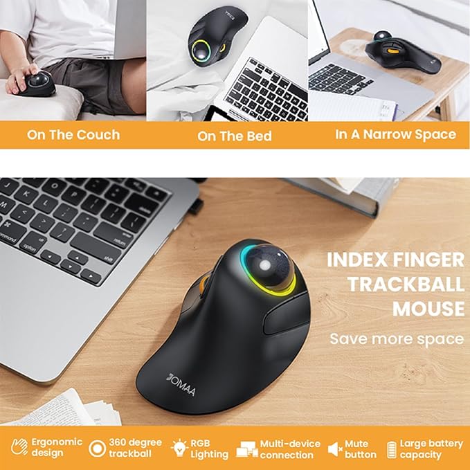 JOMAA Wireless Bluetooth Computer Trackball Mouse with RGB BacklightFinger Control 3 Device Switch Silent Rechargeable Ergonomic Drawing Office Mouse for Laptop Desktop Computer Tablet Phone