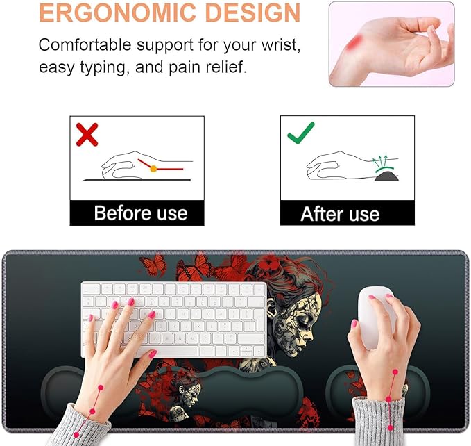 Ergonomic Keyboard Wrist Rest &amp Mouse Pad Wrist Rest Set Large Gaming Desk Mat 31.5x 11.8 with Non-Slip Base Memory Foam Easy Typing Pain Relief for Home &amp Office Tattooed Girl and Red B