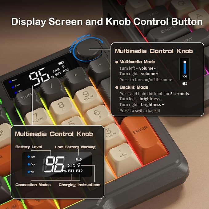 ZIYOU LANG M96 Wireless Gaming Silent Membrane KeyboardDisplay Screen &amp Knob with Multimedia Keys Dual Mode Bluetooth/2.4GhzRainbow Backlight 94Keys Ball Shape PBT Keycap ANSI Layout for Win/Mac