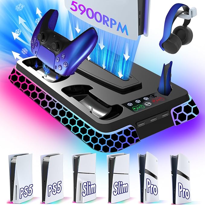 Pro Slim Cooling Station with RGB LightsStand Vertical Base Accessories with Silent 3-Level Cooling Fans Dual Controller Charger and USB Hubs (Black)