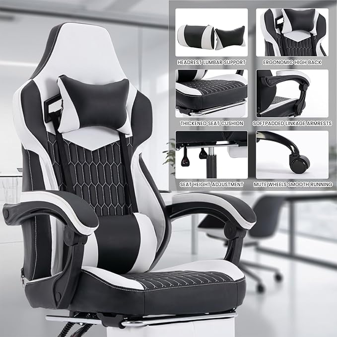 Gaming Desk Chair for Adults Ergonomic Gaming Chair with Footrest &amp Headrest and Lumbar Support Leather Material Height Adjustable Computer Video Game Chairs (Black+White-1)