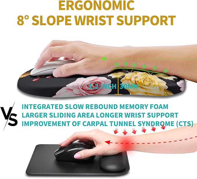 Hokafenle Ergonomic Mouse Pad Wrist Support Wrist Rest Mousepad for Carpal Tunnel Pain Relief with Integrated Memory Foam Slope Massage Bulge (11.8x7.9 inchGolden Powder Flower