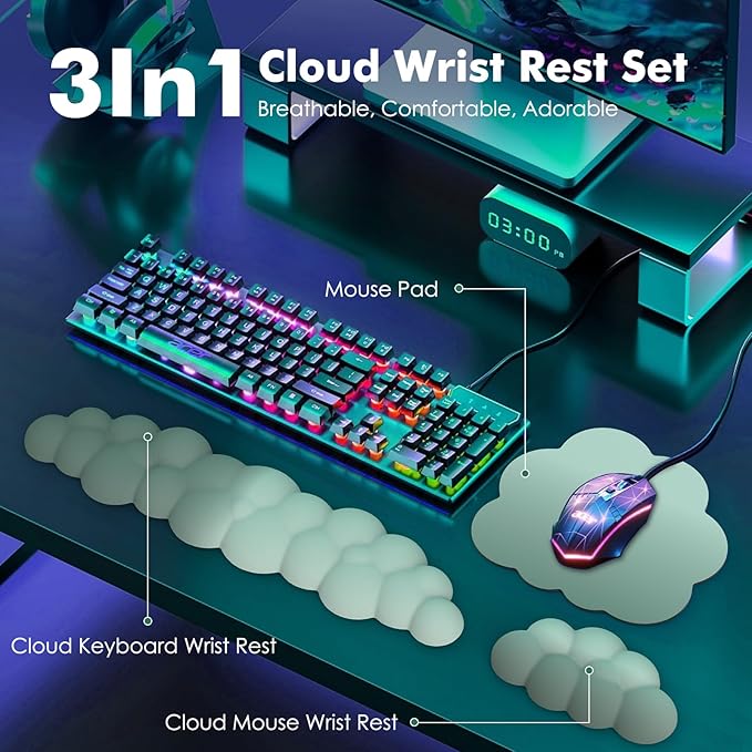 MoKo Cloud Wrist Rest Ergonomic Cloud Keyboard Wrist Rest with Mouse Rest Wrist Pad Durable Polyester Cloud Arm Rest Wrist Pad for Keyboard and Mouse for Office Gaming Computer Laptop Green
