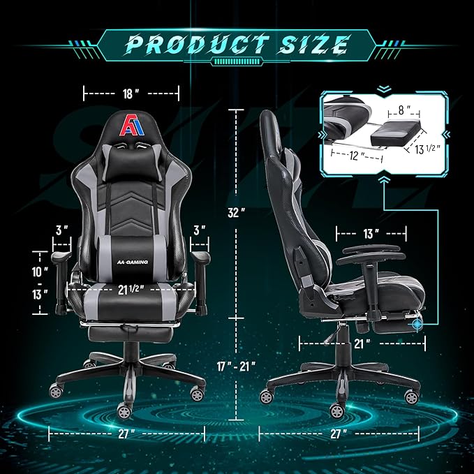 AA Products Gaming Chair Ergonomic High Back Computer Racing Chair Adjustable Office Chair with Footrest Lumbar Support Swivel Chair - Upgraded Version BlackGrey