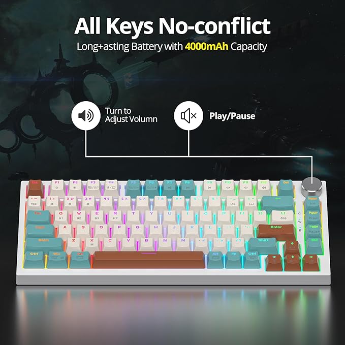82 Keys Wireless Gaming Keyboard 75 PercentTriple Mode Bluetooth/2.4Ghz/USB Pre-lubed Hot Swappable Mechanical Keyboard w/Knob&ampSound-Absorbing Pads4000mAh Battery for Mac/Win (Brown)