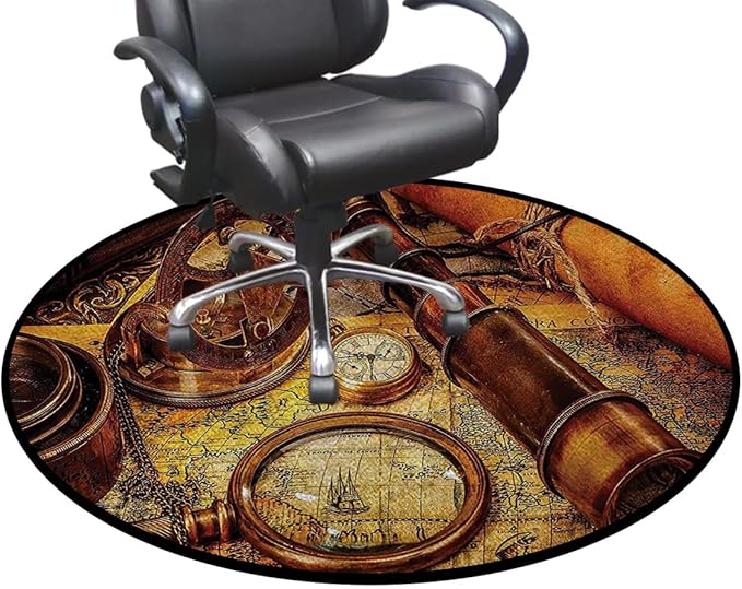 Nautical Office Home Chair Mat Gaming Computer Rolling Chair Mats Magnifying Glass Compass Telescope Old Map Round Chair Cushion Non-Slip Low-Pile Hardwood Floor Mats Antique Decor Diameter 36 in