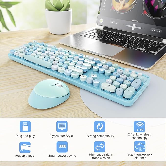 Wireless Keyboard and Mouse Combo Ergonomic Full Size Typewriter Retro Round Keycaps Keyboard Compatible with Windows PC Perfer for Home and Office Keyboards (Blue
