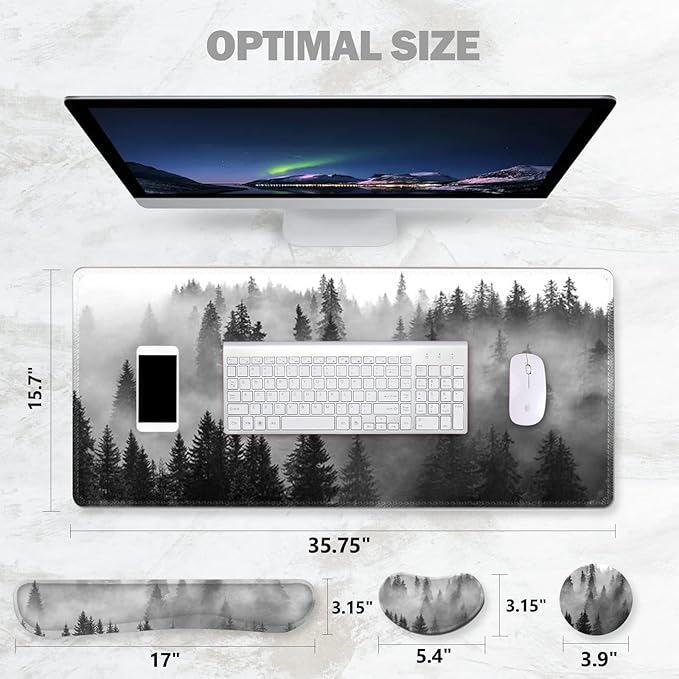 ToLuLu Extended Gaming Mouse Pad Memory Foam Ergonomic Keyboard Mouse Wrist Rest Support Set Large Desk Mat with Stitched Edges Non-Slip Base Mousepad for Home Office Game Study Tree Forests