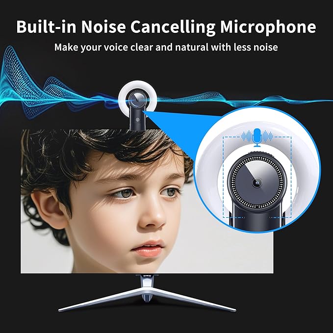 4K Webcam with Light Web Cam with Speaker Dual Noise Reduction Plug and Play Web Camera for Desktop Computer Auto-Focus Privacy Protection Webcam for PC Zoom Skype