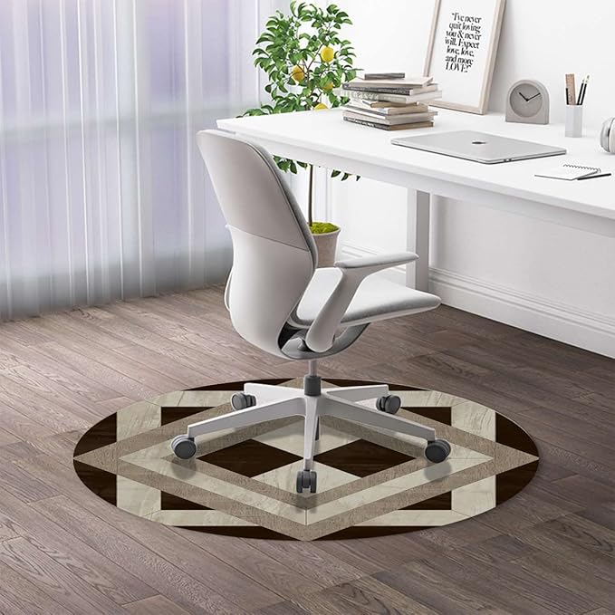 Beige Black PU Leather Chair Mat Hard Floor Protecting Marble Nostalgic Stone Mosaic Noise Cancelling with Anti Slip Rubber Multi-Purpose Floor Mat for Bedroom Victorian Style Diameter 55 in