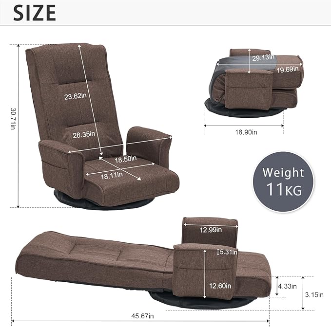 FLOGUOR 360 Swivel Gaming Chair 14-Position Adjustable Folding Floor Sofa with Armrests Lounger Bed for Home &amp Living Room Chaise Lounge Indoor for Adults QL201CO