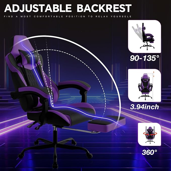 Gaming Chair with Footrest High Back Gaming Chairs PVC Leather Ergonomic Gamer Chair with Adjustable Headrest Lumbar Support Racing Style Video Gaming Chair for Office/Home (Purple)