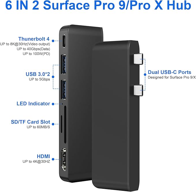 Surface Pro 9 Docking Station with 4K HDMI USB-C Thunerbolt 4 (8K@30Hz Video+40G Data+100W Power) 2X USB3.0 SD+TF Card Slot Triple Display Surface Pro 9/ Surface Pro X Accessories
