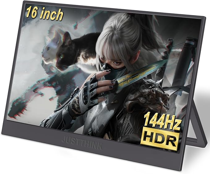 JUSTTHINK 16 Inch 144Hz Portable Gaming Monitor FHD 1200P IPS Laptop Second Screen with Built-in Battery USB-C HDMI Plug &amp Play Ultra Slim Travel Monitor with Stand Cover