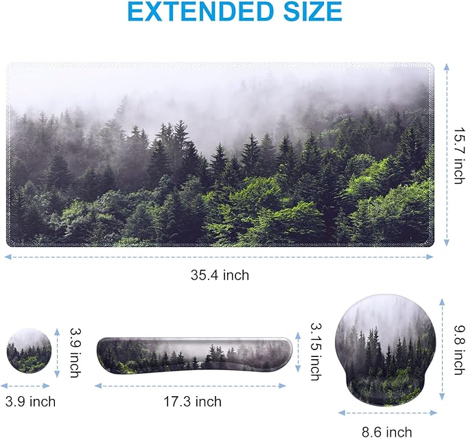 iCasso Desk Mat Gaming Mouse Pad Wrist Support Set4in1 XXL Large Mousepad + Keyboard Wrist Rest+Mouse Wrist Rest+Coaster Set with Ergonomic Design for Home Office Table Computer-Forest